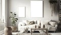 Generative AI illustration of modern casual bohemian style boho living room interior with empty picture frames on walls