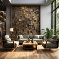 Generative ai illustration of Modern minimal Luxury wood wall in living room