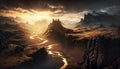 Generative AI illustration moody epic landscape of river flowing through dramatic mountain range and lakes during sunrise golden