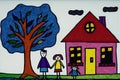 Generative AI illustration of naive art innocent childlike drawing of family and home