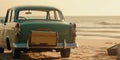 A generative AI illustration of an old car on a beach with luggage, featuring tropical symbolism