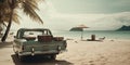 A generative AI illustration of an old car on a beach with luggage, featuring tropical symbolism