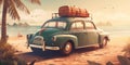 A generative AI illustration of an old car on a beach with luggage, featuring tropical symbolism