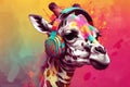 Generative Ai illustration of a portrait of a party giraffe with headphones on a colorful abstract background