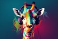 Generative Ai illustration of a portrait of a party giraffe with headphones on a colorful abstract background