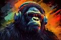 Generative Ai illustration of a portrait of a party monkey ape with headphones on a colorful abstract background