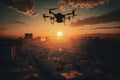 Generative AI illustration. Professional drone flying in the sunset