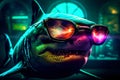 Generative AI illustration. Realistic Shark character wearing waveproof goggles and neon colors. Royalty Free Stock Photo