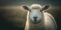Generative AI illustration of realistic white sheep standing on blurred background and looking at camera