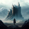 Generative AI illustration of ruined castle in mountain landscape with lone nomad looking at the castle, feeling of isolation and