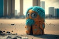 Generative AI illustration of sad but cute little alien all alone in big Earth city Royalty Free Stock Photo