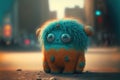 Generative AI illustration of sad but cute little alien all alone in big Earth city Royalty Free Stock Photo