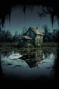 Generative AI illustration of scary house on swamps