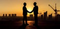 generative AI illustration showcases two silhouetted engineers in safety hard hats, shaking hands against the backdrop of a