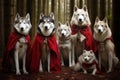 Generative AI Illustration of Siberian Huskies wearing capes in a mystical forest