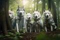 Generative AI Illustration of Siberian Huskies wearing capes in a mystical forest
