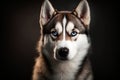 Generative AI illustration of a Siberian husky dog with hazel eyes looking at camera against dark background