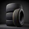 Generative AI illustration of stack with black tire wheels placed on dark background