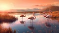 Generative ai illustration of standing pink flamingoes in nature