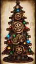 Generative AI illustration of steampunk Christmas tree with mechanicals gears lit up with multicolored lights.