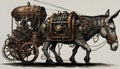 Generative AI illustration of a steampunk mechanical donkey pulling a cart forward. Royalty Free Stock Photo