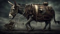 Generative AI illustration of a steampunk mechanical donkey pulling a cart forward. Royalty Free Stock Photo