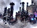 Generative AI illustration of a steampunk mechanical themed mediaeval castle with smoke stack turrets.