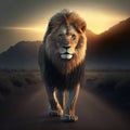 Generative AI illustration of strong proud lion walking down empty road with mountain landscape in background Royalty Free Stock Photo