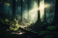 Dark rainforest sun rays through trees with dense fog digital illustration AI generated