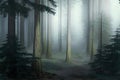 Dark rainforest sun rays through trees with dense fog digital illustration AI generated