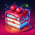 Generative AI: illustration of a super colorful piece of cake with cherries