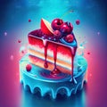 Generative AI: illustration of a super colorful piece of cake with cherries
