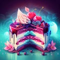 Generative AI: illustration of a super colorful piece of cake with cherries