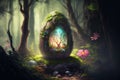 Generative AI illustration of surreal wooden egg in forest landscape with miniature fantasy world inside egg