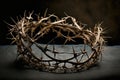 Generative AI illustration of symbolic Jesus Christ crown of thorns on vintage wooden background Royalty Free Stock Photo