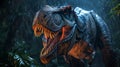 Generative AI Illustration T-rex roaring fiercely against a backdrop of an ancient, dense Jurassic jungle under a dark
