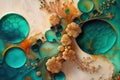 Generative AI illustration of teal and orange alcohol ink spill abstract background on a marble base