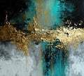 Generative AI illustration of teal silver, green and grey abstract oil painting on textured canvas with gold contrast and