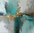 Generative AI illustration of teal silver, green and grey abstract oil painting on textured canvas with gold contrast and