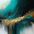 Generative AI illustration of teal silver, green and grey abstract oil painting on textured canvas with gold contrast and