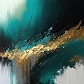 Generative AI illustration of teal silver, green and grey abstract oil painting on textured canvas with gold contrast and