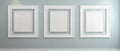 three blank white image frames on a light blue wall, generative ai Royalty Free Stock Photo