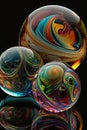 three beautiful glass marbles on black background, generated by midjourney ai Royalty Free Stock Photo