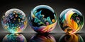 three colorful glass marbles on dark background, midjourney generated image Royalty Free Stock Photo