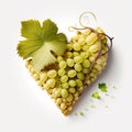 Generative AI illustration of top view of heart shaped vine of fresh ripe green grapes with leaves placed on white background Royalty Free Stock Photo