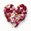 Generative AI illustration of top view of red and beige rose petals scattered on white surface in heart shape Royalty Free Stock Photo
