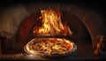 AI generated of italian traditional pizza cooked in old fashioned wood fired oven