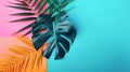 Generative AI illustration. Tropical and palm leaves in bright bold holographic colors on a bright blue background