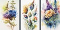 watercolor flowers on a tryptych, generated ai illustration