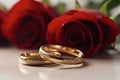 Generative ai illustration of two wedding rings and red rosesin close-up Royalty Free Stock Photo